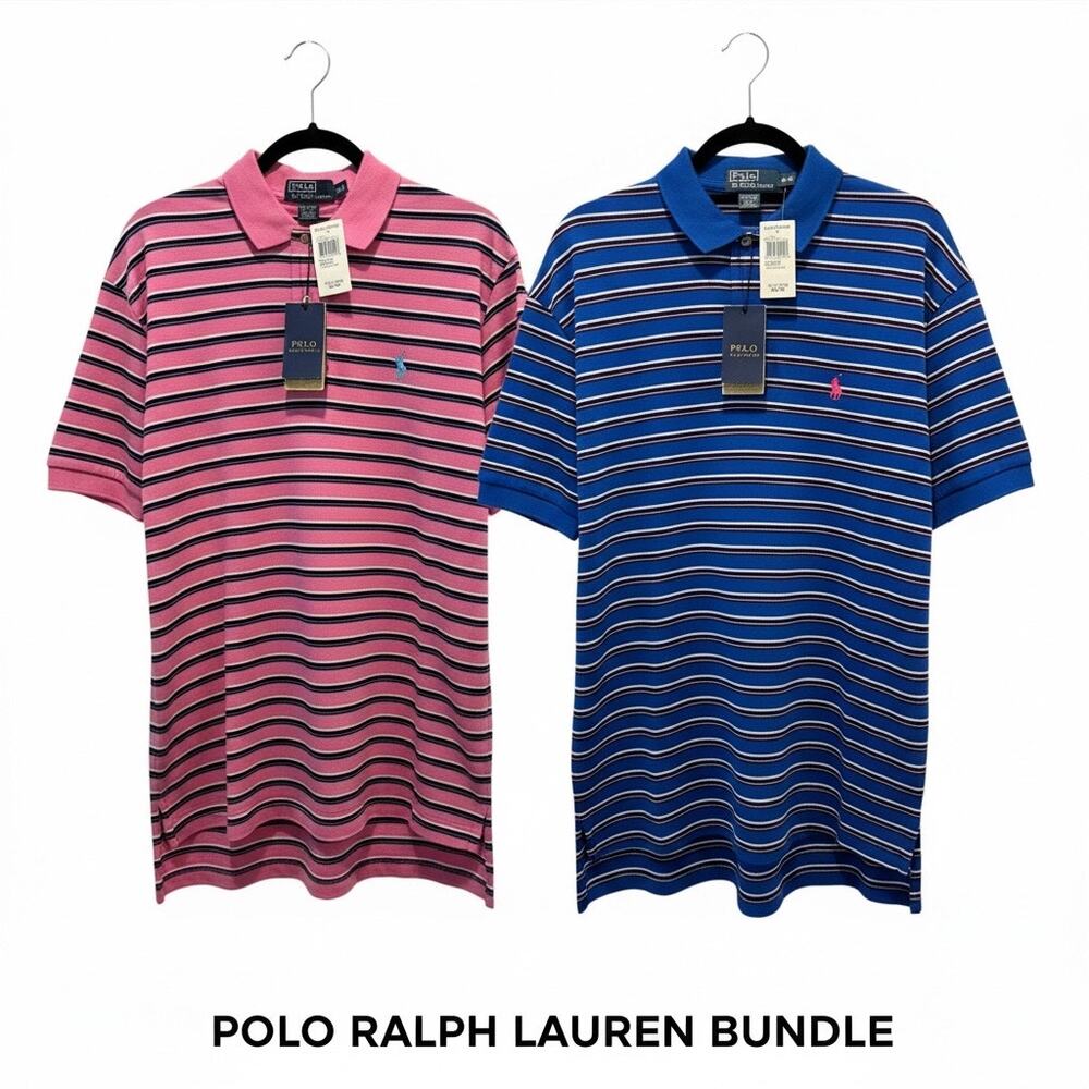 NWT Polo Ralph Lauren Bundle 2 VTG Deadstock Striped Blue Pink Polo Shirts M
